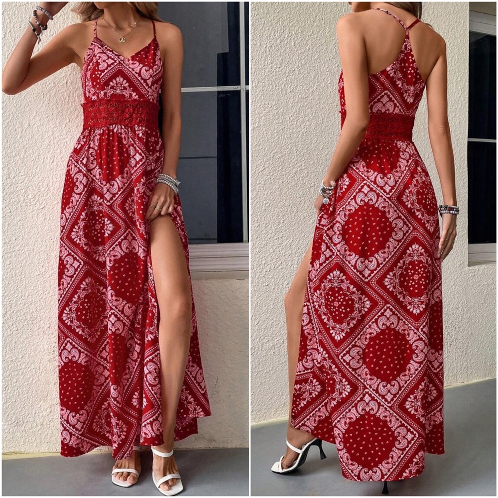 Boho Paisley Print Racerback cami Lace Maxi Dress - Picture 5 of 5
